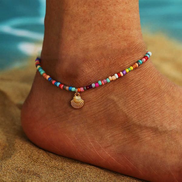 

anklets modyle bohemian colorful beads anklets for women gold color summer ocean beach shell ankle bracelet foot leg jewelry aa230512, Red;blue