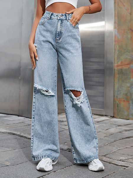 

women's jeans fall high waist straight ripped jean blue denim trousers korean clothing fashion streetwear baggy pants 230406
