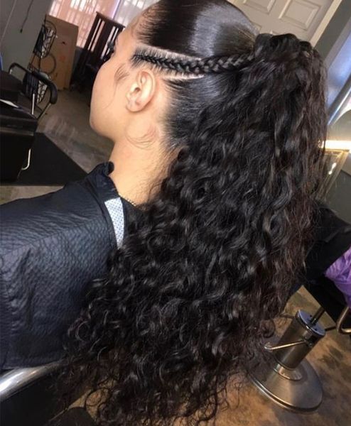 

fashion youg girl curly ponytail braided deep wave drawstring ponytail hairpiece 100g-160g clip in brazilian hair ponytail extension natural, Black