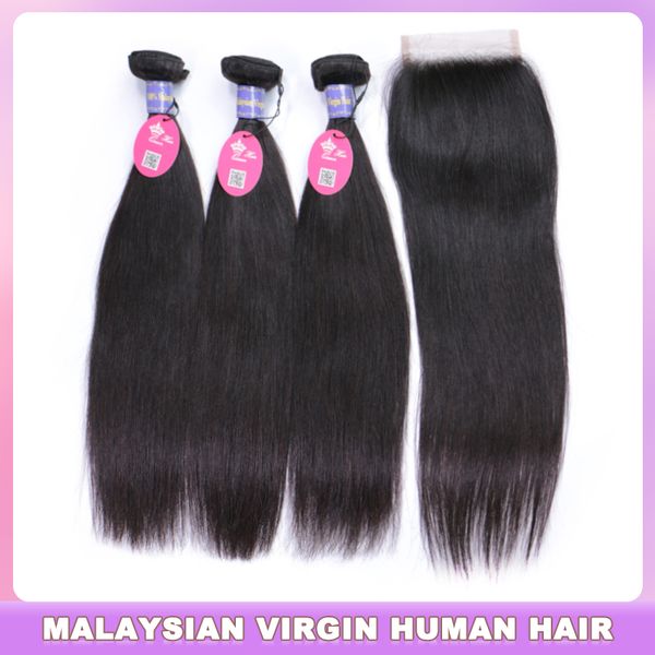 

malaysian virgin hair bundle with closure straight human raw hair weave lace closure with bundles queen hair products with closure, Black;brown