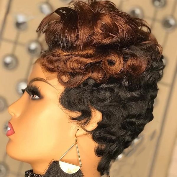 

ombre brown color short pixie cut wig human hair wigs straight bob wigs with bangs full lace front human hair for black women