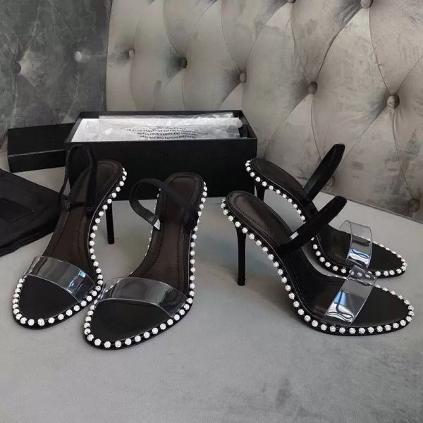 

summer 2021 new transparent open toe word with rhinestone stiletto high heel sandals women, Black