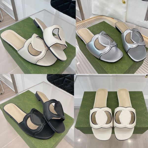 

women brand slipper shoes interlocking cut-out slide sandal calfskin leather cut out slippers designer heeled leather sandals calf ladies fa, Black