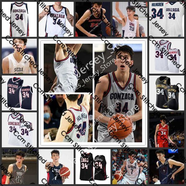 

34 chet holmgren basketball jersey gonzaga stitched college jerseys 2022 ncaa zags school basketball wears, Black