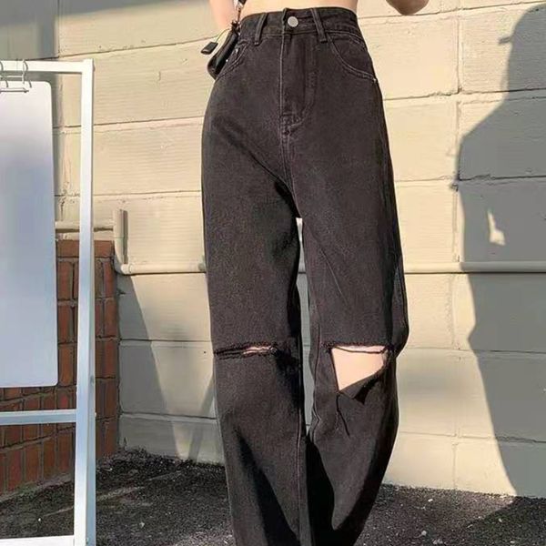 

women's jean's spring and autumn 2023 loose thin drape wideleg mopping pants black highwaist ripped straightleg classic jeans 2304, Blue