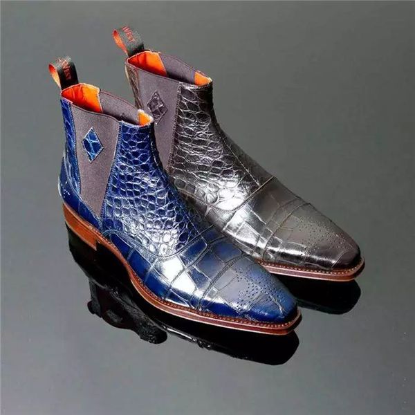 

men chelsea boots business pu leather slip on vintage snake comfortable ankle boots zipper male casual boot, Black