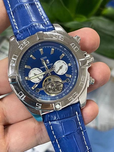 

automatic mechanical tourbillon watch mens black brown blue leather, Slivery;brown