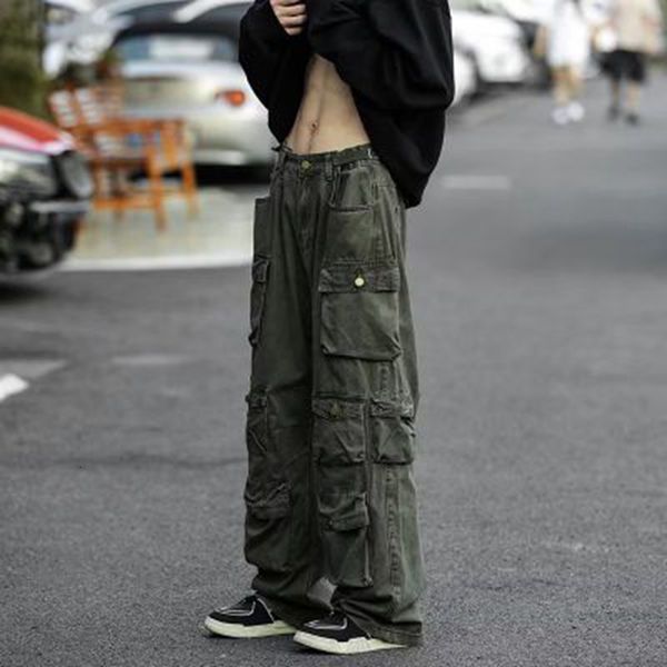 

men's pants commercial pants with multiple pockets military green full set men's harajuku korean loose hip-hop men's techwear, Black