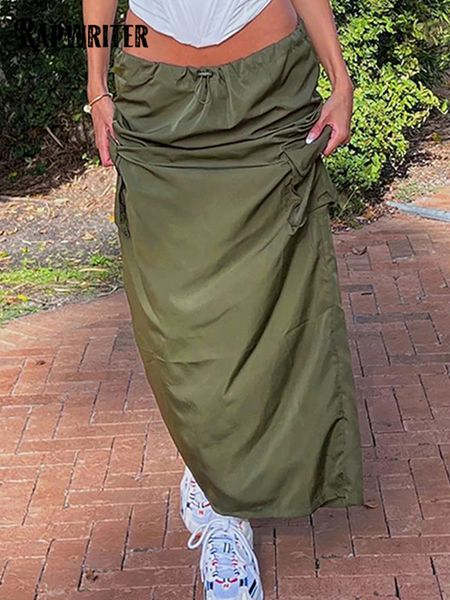 

skirts rapwriter army green low waist cargo straight pockets casual streetwear for woman drawstring harajuku concise long skirt 230407, Black
