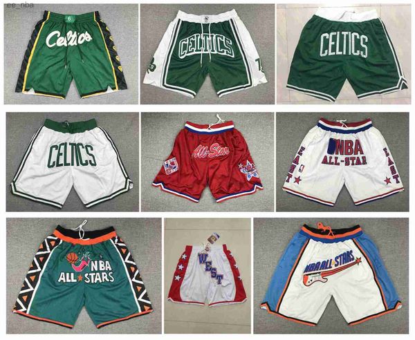 

just don bostons basketball short celticss all 1996 star 1991 1988 2003 sports hip pop summer running pant with pocket zipper stitched green, White;black