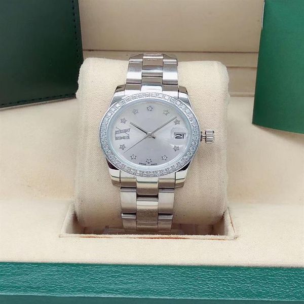 

gold casual fashion 31mm date womens watches ladies dress bracelet stainless steel watch diamond ring automatic mecha281y, Slivery;brown