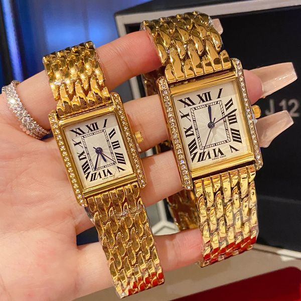 

couple luxury fashion watches men and women vintage tank diamond gold platinum rectangle quartz watch stainless steel gifts for lover, Slivery;golden