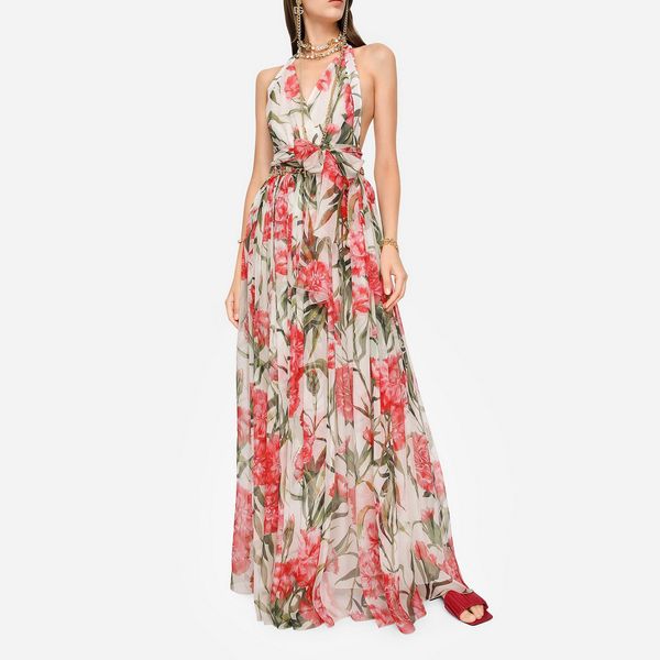 

womens dress sleeveless carnation print silk long dress, White;black