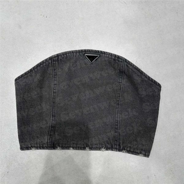 

prad women designer denim t shirt bustier metal badge tight bra cool girls corset hiohop streetwear, Black