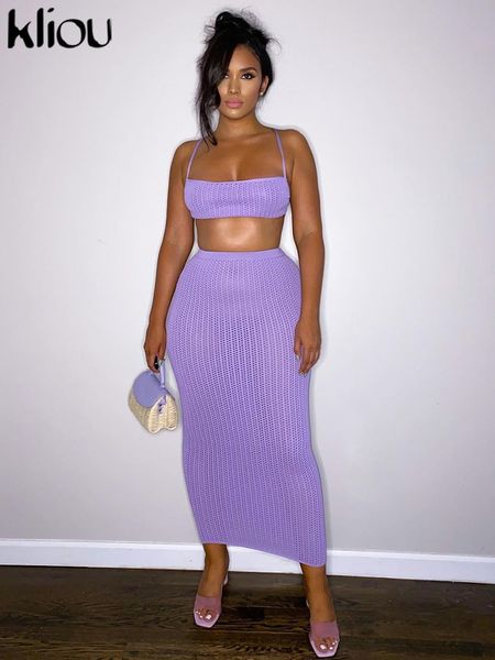 

two piece dress kliou classic knitted 2 piece set women halter lace up maxi hip skirt matching outwear female elegant street outfits 230407, White