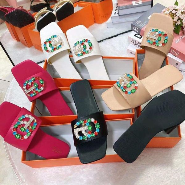 

women men double g slipper square toe letter metal buckle slippers bling crystal rhinestone slide sandals designer pool slides summer flip f, Black