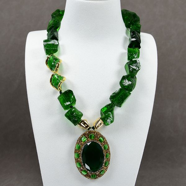 

beaded pendant necklaces natural green glass rough nugget murano glass gold edge necklace crystal cat eye oval shape pendant collar choker n, Silver
