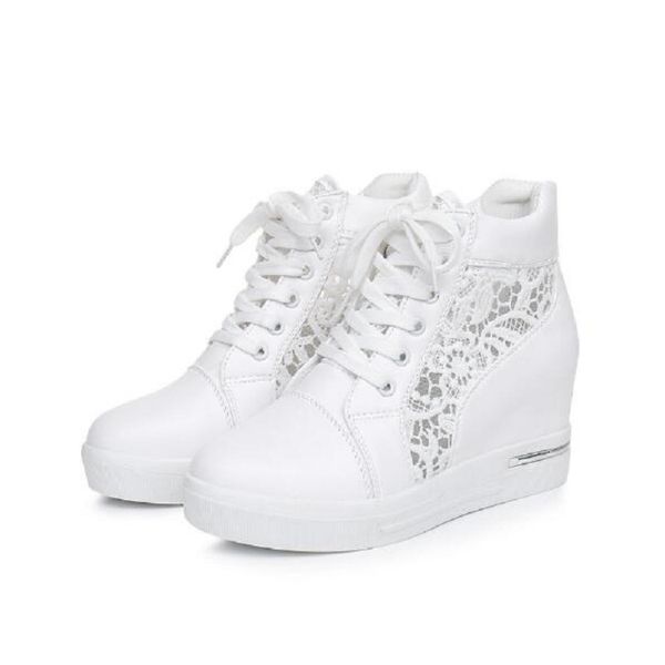 

women lace casual shoes woman breathable mesh sneakers lace loafers high heels platform wedges ladies creepers d2h14, Black