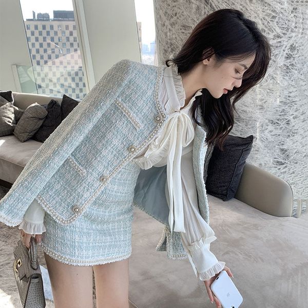 

two piece dress autumn winter full crew tweed jacket bag hip mini plaid ski suit fashion korean two-piece suit wool coat 230407, White