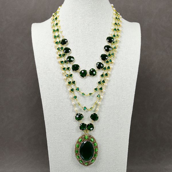 

beaded necklaces 4 rows cultured white pearl green heart crystal rosary chain necklace big crystal cat eye pendant statement necklaces lady, Silver