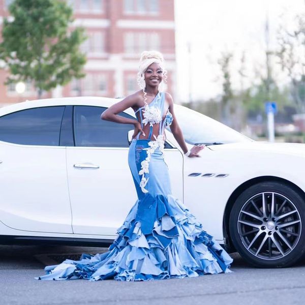

blue mermaid prom dress for black girls appliques one shoulder sleeveless graduation party gowns formal occasion dresses
