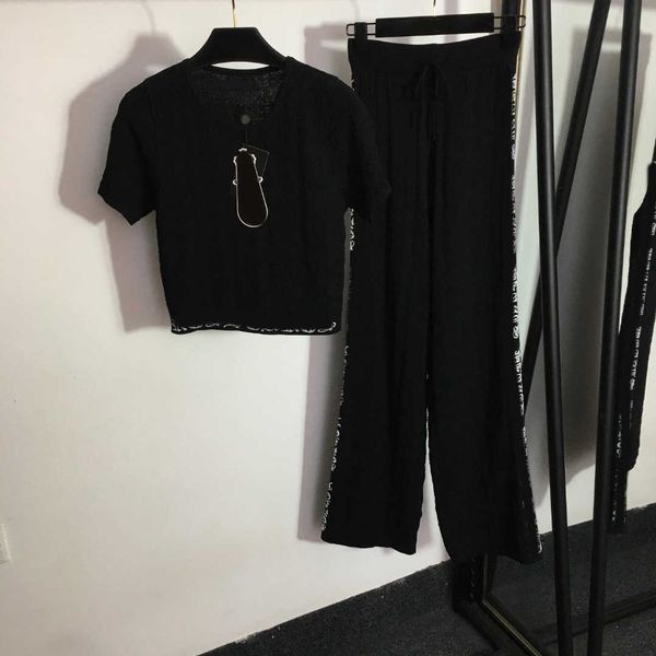 

23ss knitted suit womens tracksuits womens designer clothing slim short sleeve t-shirt elastic high waist wide leg trousers set women clothe, White