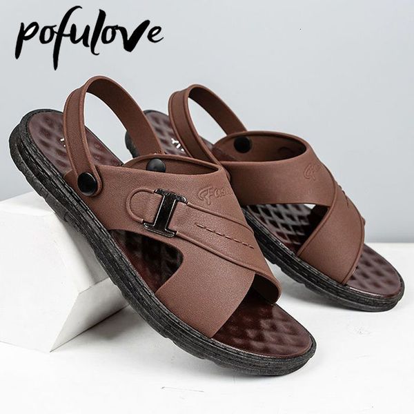 

sandals pofulove men s beach breathable soft bottom flat heel slippers summer double wear shoes drop shopping 230407, Black