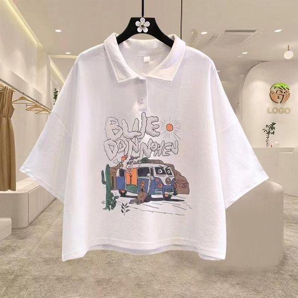 

summer women's short lapel polo loose feeling niche women, White