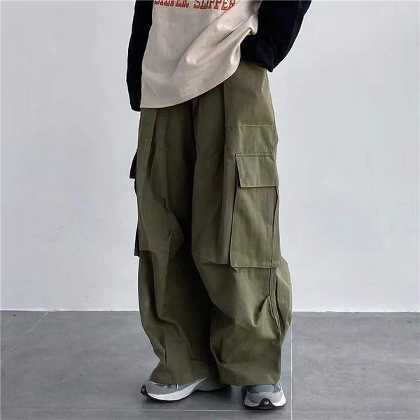 

men's pants street loose casual pants large pocket wide leg pants retro super military oversized sports pants fashionable trousers 2304, Black