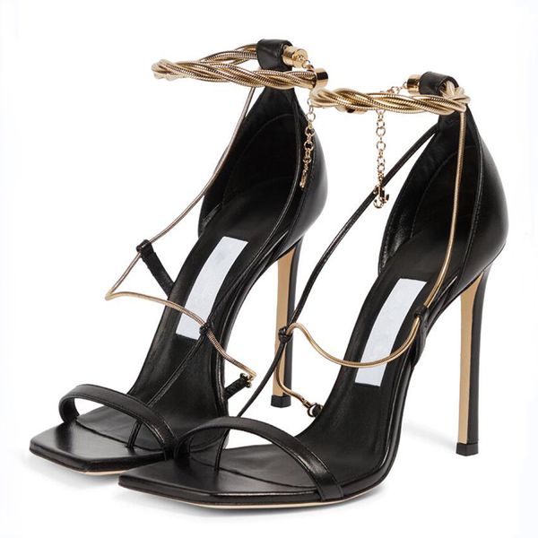 

fashion women pumps sandals london oriana 110 mm black leather gold chain ankle strap embellished italy perfect square toes designer sandal