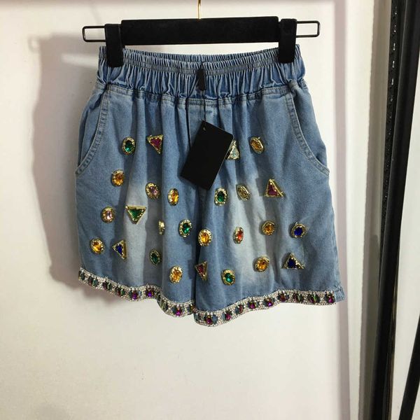 

23ss womens designer clothing denim shorts sparkle diamond-rimmed colorful sapphire decoration elastic waist denim shorts women clothes, White;black