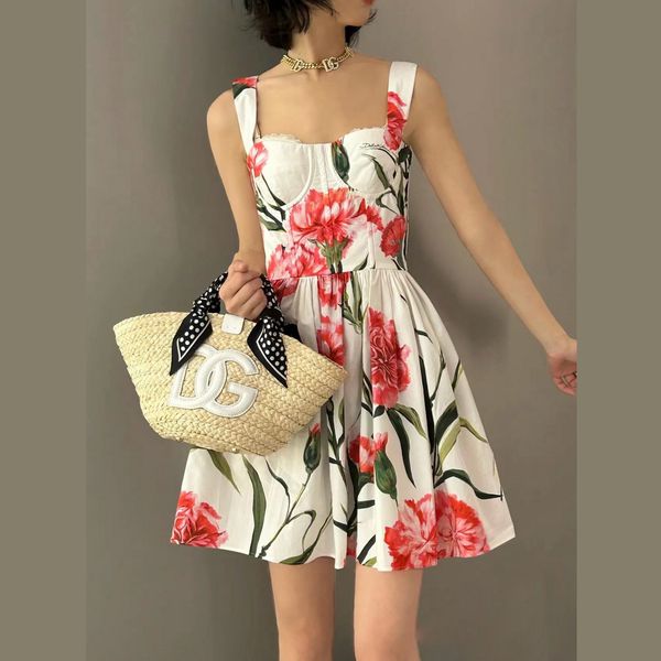 

womens dress sleeveless carnation print mini dress, White;black