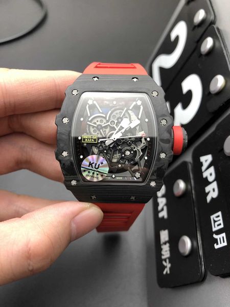 

luxury milles fashion richards rm35-02 automatic mechanical carbon fiber men's watch hollow out miller glow dial rubber band ayw, Slivery;black