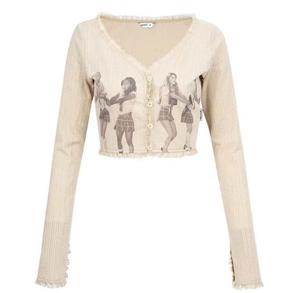 

womens tshirt y2k clothes retro campus style print slim longsleeved summer design lace short cardigan grunge clothes ropa mujer 230406, White