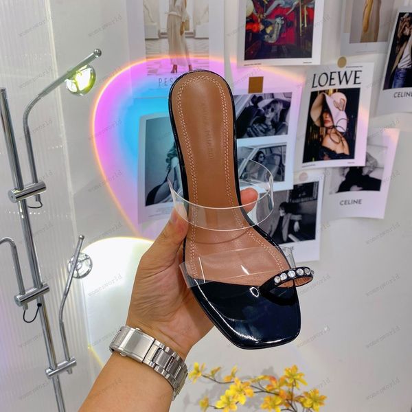 

luxury designer amina muaddi sandals new clear begum glass pvc crystal transparent slingback sandal heel pumps 100mm crystal-embellished sli, Black
