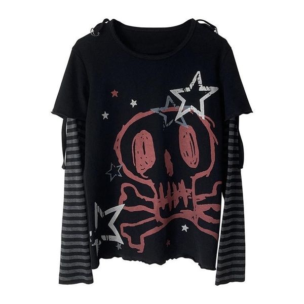 

womens tshirt autumn winter y2k subculture tshirt long sleeve faux two piece harajuku loose punk tees casual rock emo grunge aesthetic 2304, White