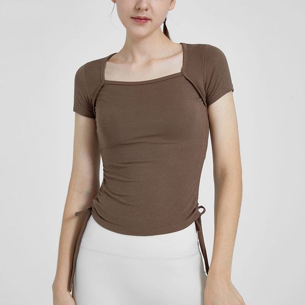 

lu yoga short sleeve women's round neck draw rope sports t-shirt equipment short sleeve sweat-wicking knitted high elasticity fitness f