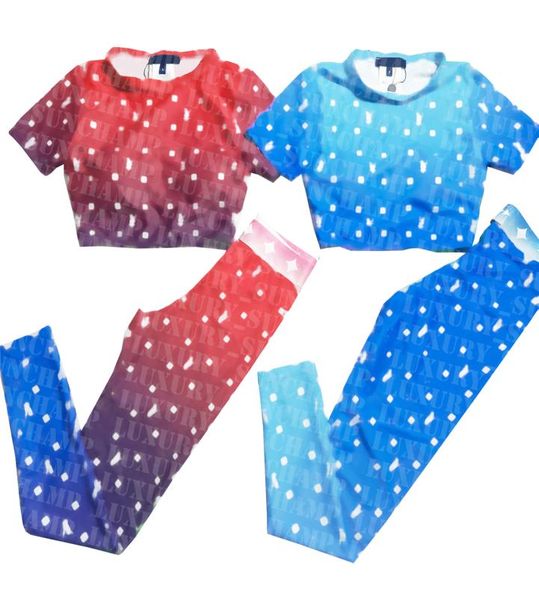 

short sleeve yoga outfit gradient color gym tracksuit summer breathable sports outfits highly elastic running pants5099570, White;red