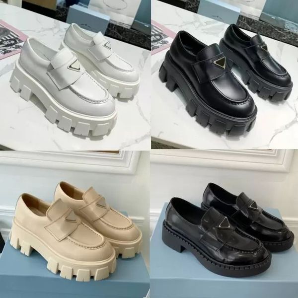 

designer shoes women soft cowhide platform sneakers p triangle loafers rubber black shiny leather chunky round head sneaker thick bottom sho