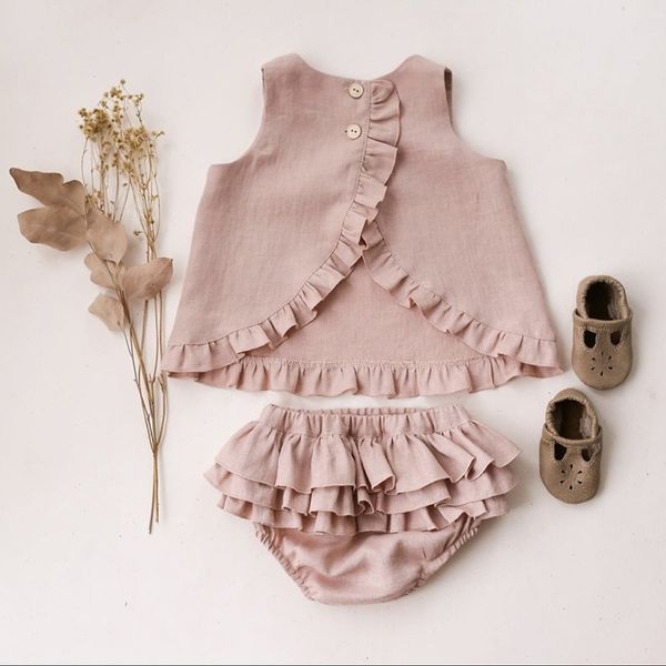 

clothing sets 2pcs summer vintage baby outfits girl soft cotton linen suit todder kid sleeveless blouse falbala shorts children clothes 2304, White