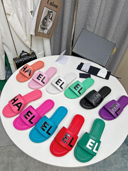 

embroidered c letter leather slide slippers ha ne designer l slides for women summer beach walk famous sandals fashion low heel flat flip fl, Black