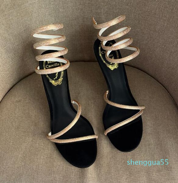 

rene caovilla margot embellished suede sandals 77 strass stiletto heel evening shoes women high heeled luxury designers ankle wraparound sho, Black