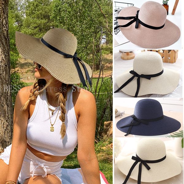 

wide brim hats bucket 2023 simple foldable floppy girls straw sun beach women summer uv protect travel cap lady female 230407, Blue;gray