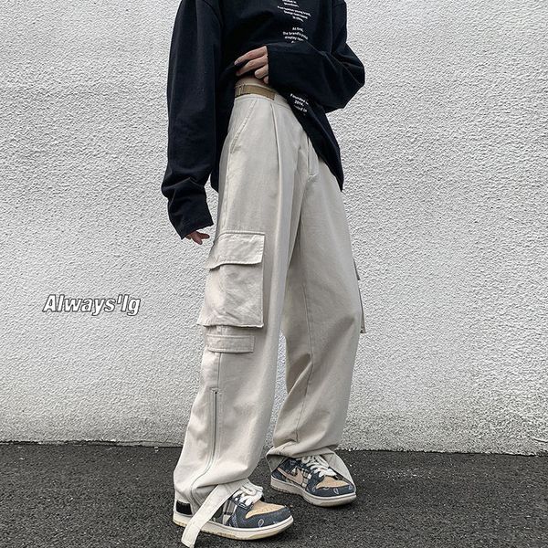 

men's pants hybskr high street men's cargo pants solid color large pocket fashion design straight trousers wide leg men's cas, Black