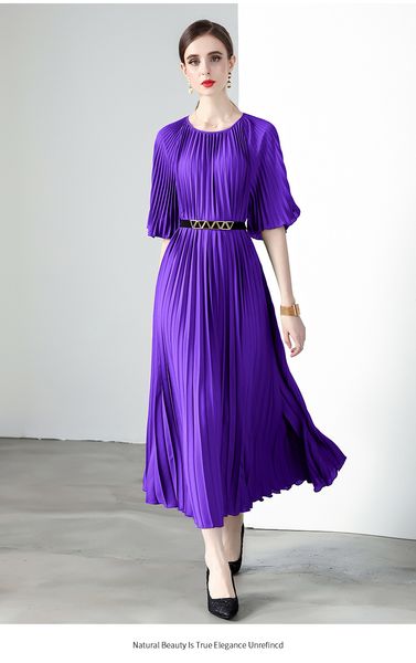 

2023 casual dresses new summer pleated long dress women o-necklace-up belt solid loose large size splicing vintage slim a-line dress, Black;gray