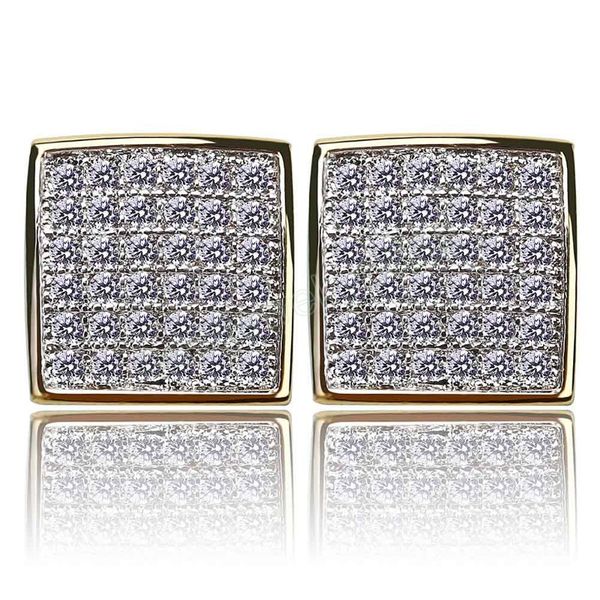 

iced out square curved screen block 925 sterling silver cubist screw back stud earring for men and women, Golden;silver