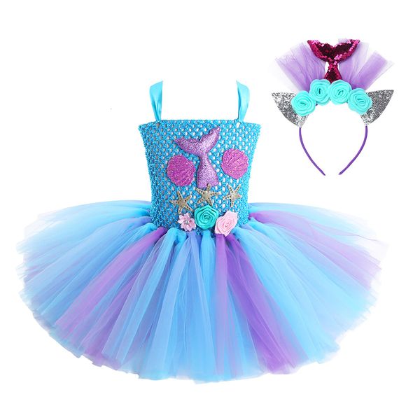 

cosplay kids girls cosplay party dress princess dress up mermaid tulle tutu dresses theme birthday party costume with flower headband 230406, Blue