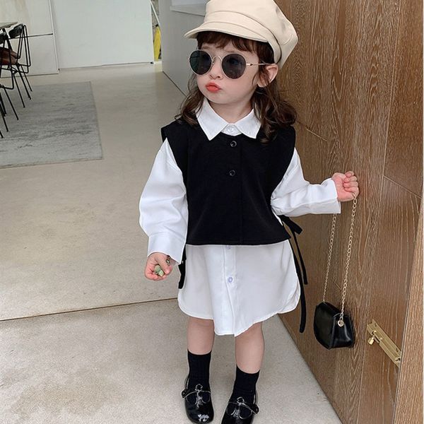 

clothing sets girls' spring and autumn clothing set japan korean tank hite shirt lapel 2pcs children's set baby children's fa, White