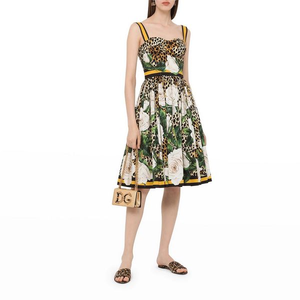 

womens dress sleeveless leopard white rose printed midi dress, White;black