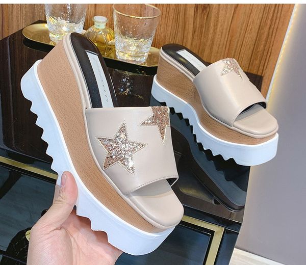 

women luxury fashion slip-on sandals cowhide leather silver star women sandals stella mccartney platform lady shoes 7cm wedge designer strip, Black